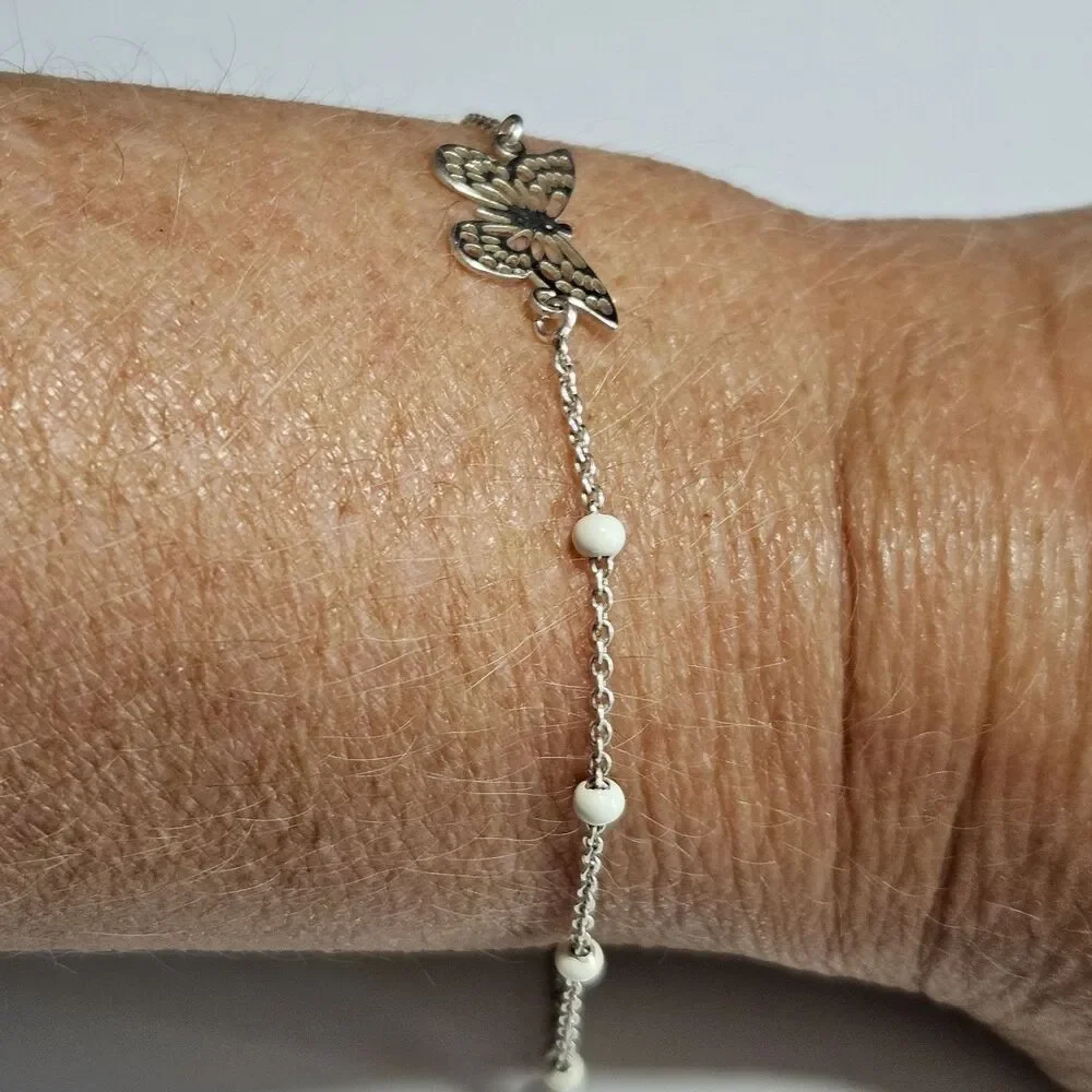 Vintage Dyadema Sterling Silver Butterfly Bracelet White Bead 6.5-7.5